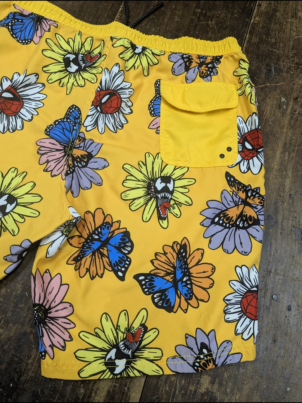 Neff Yellow Floral & Butterfly Board Shorts Marvel Spiderman And Venom